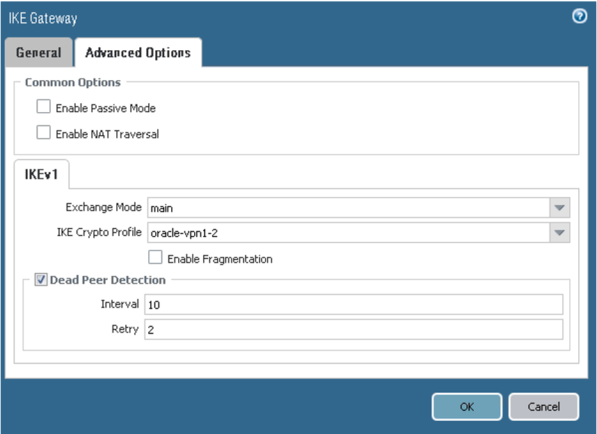 This image shows the IKE gateway advanced options for the first peer.