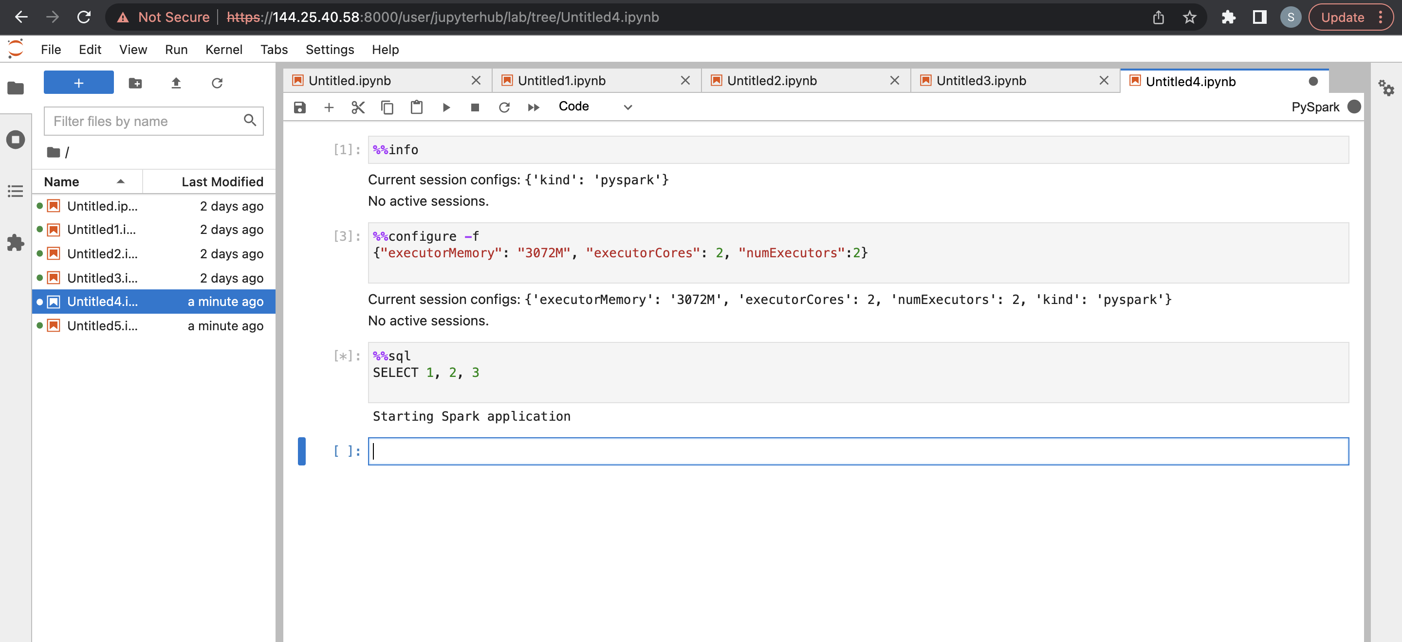 Screenshot showing sample code for Sparkmagic in Python kernel in JupyterHub