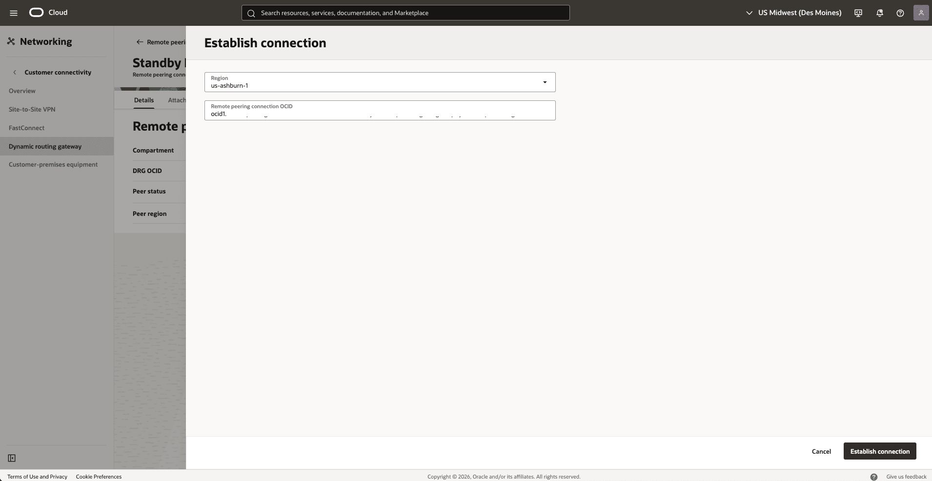 This screenshot shows how to configure the network in the standby region.