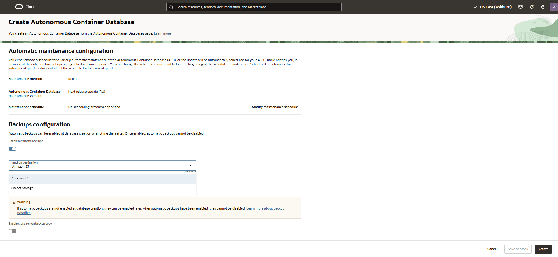 This screenshot shows the step for selecting the backup destination.