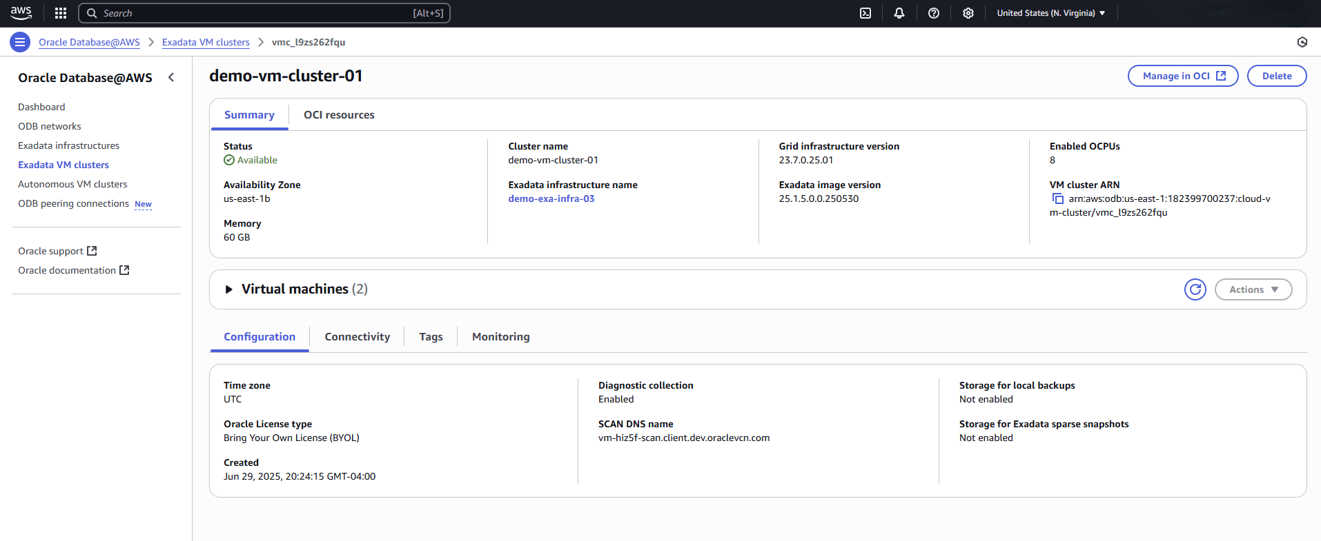 This screenshot shows the step to access the Manage in OCI button.