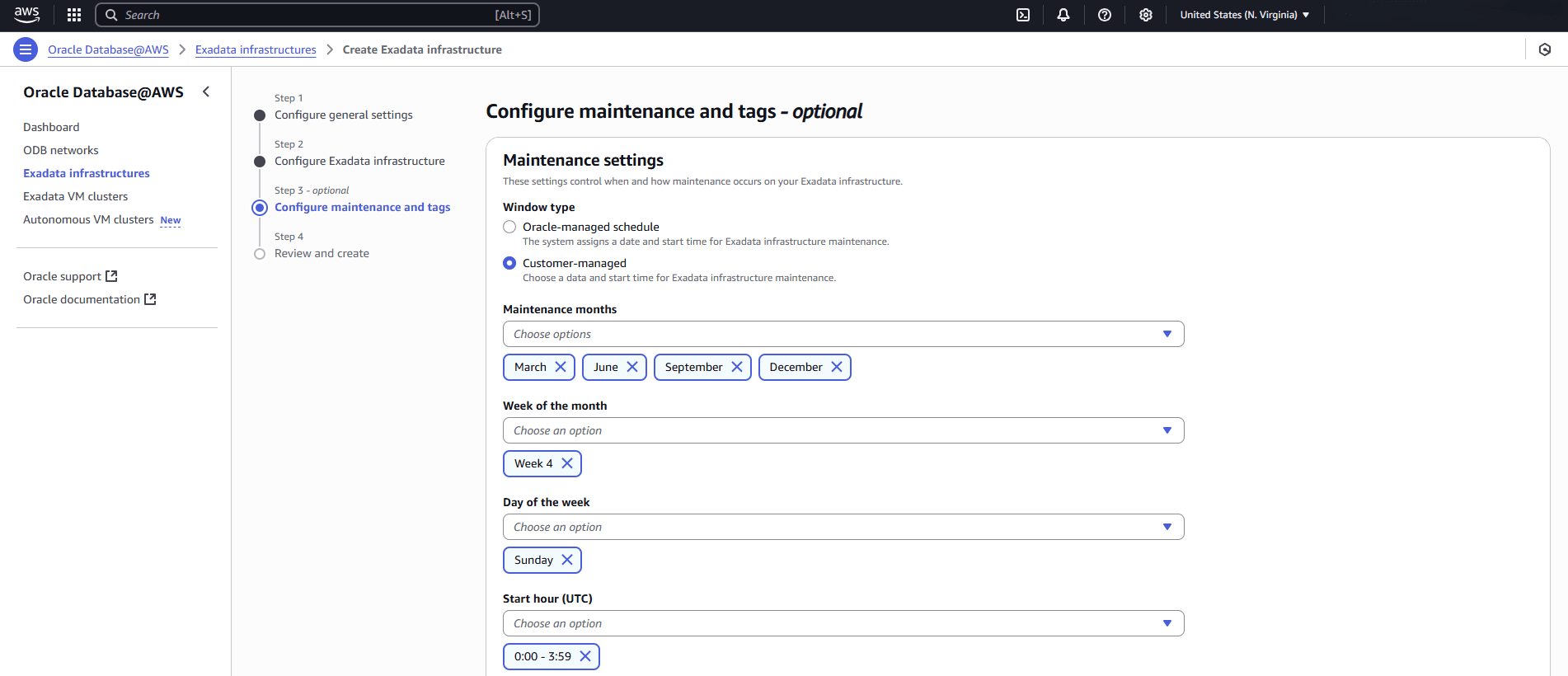 This screenshot shows the third part of creating an Exadata Infrastructure.