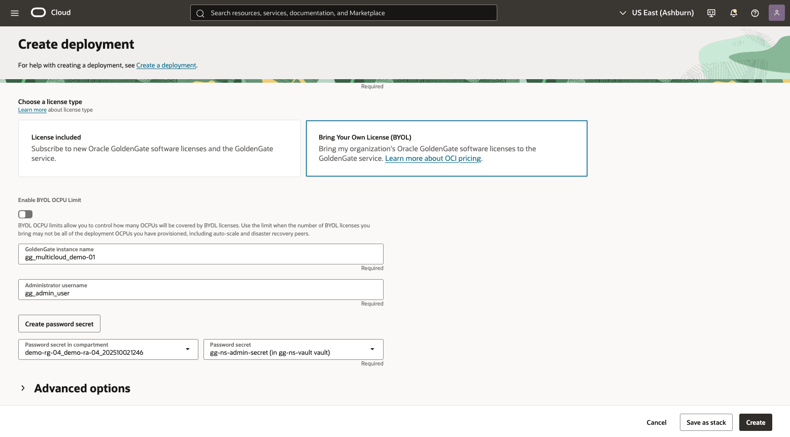 This screenshot shows how to create GoldenGate deployment.