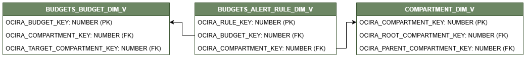 Relationship diagram showing the dimension table, BUDGETS_ALERT_RULE_DIM_V.
