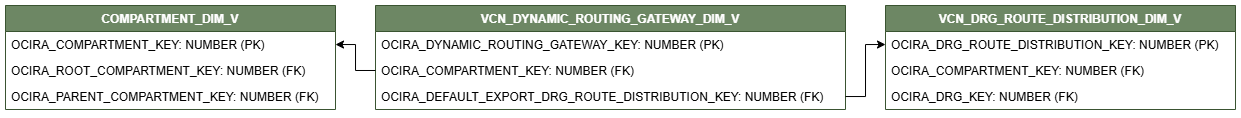 Relationship diagram showing the dimension table, VCN_DYNAMIC_ROUTING_GATEWAY_DIM_V.