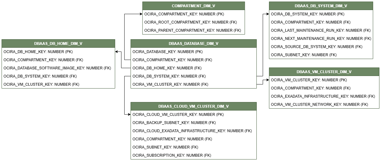 Relationship diagram for the DBAAS_DATABASE_DIM_V view connected to five dimension views, COMPARTMENT_DIM_V, DBAAS_VM_CLUSTER_DIM_V, DBAAS_DB_SYSTEM_DIM_V, DBAAS_DB_HOME_DIM_V, and DBAAS_CLOUD_VM_CLUSTER_DIM_V.