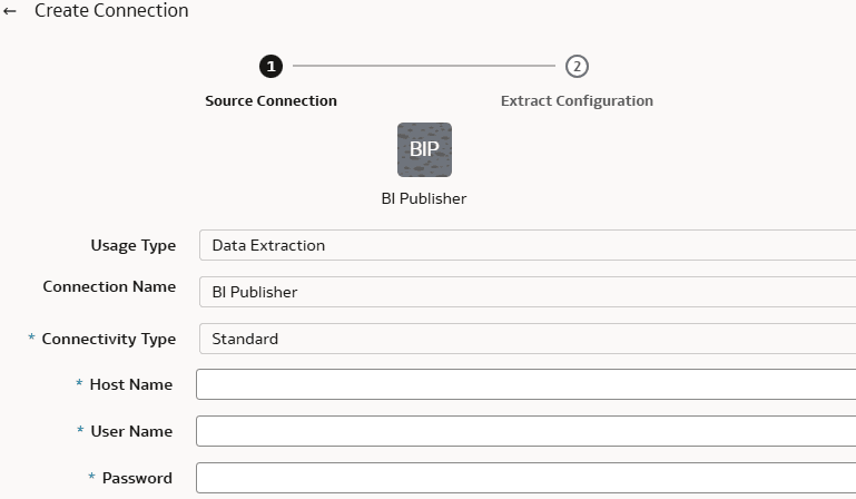 Source Connection tab in the Create Connection dialog for the BI Publisher connector