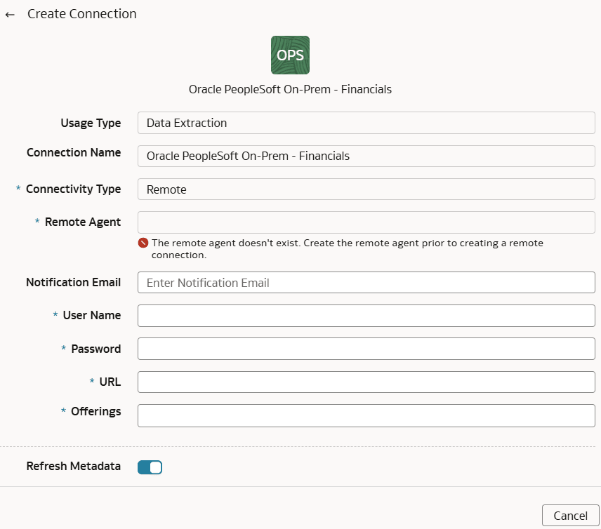 Create Connection for Oracle PeopleSoft On-Prem - Financials dialog