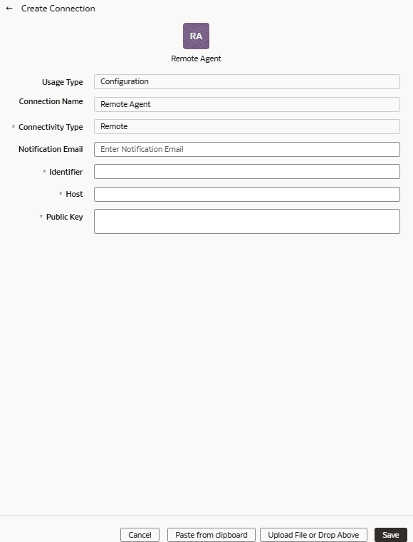 Create Connection Remote Agent dialog