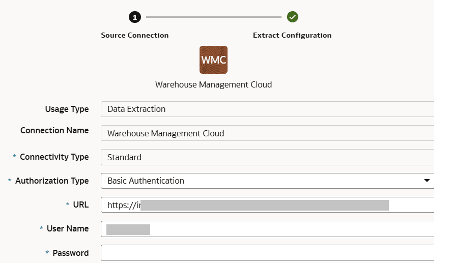Create Connection for Oracle Warehouse Management Cloud dialog displaying the Source Connection tab with basic authentication Create Connection for Oracle Warehouse Management Cloud dialog displaying the Source Connection tab with basic authentication