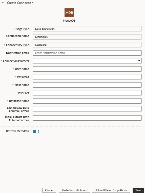 Create Connection for Mongo database dialog