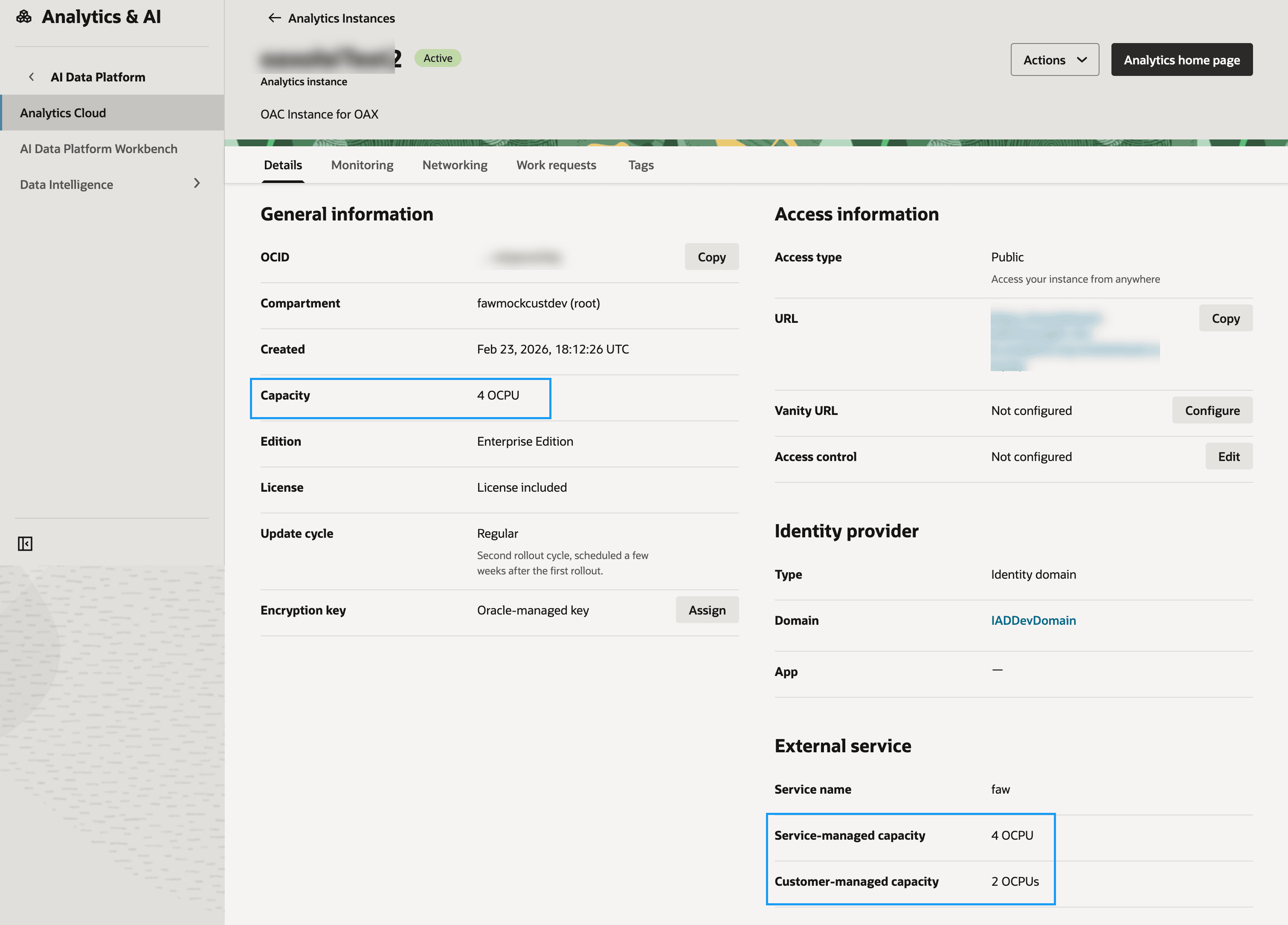 The service managed and customer managed capacity for the associated Oracle Analytics Cloud instance