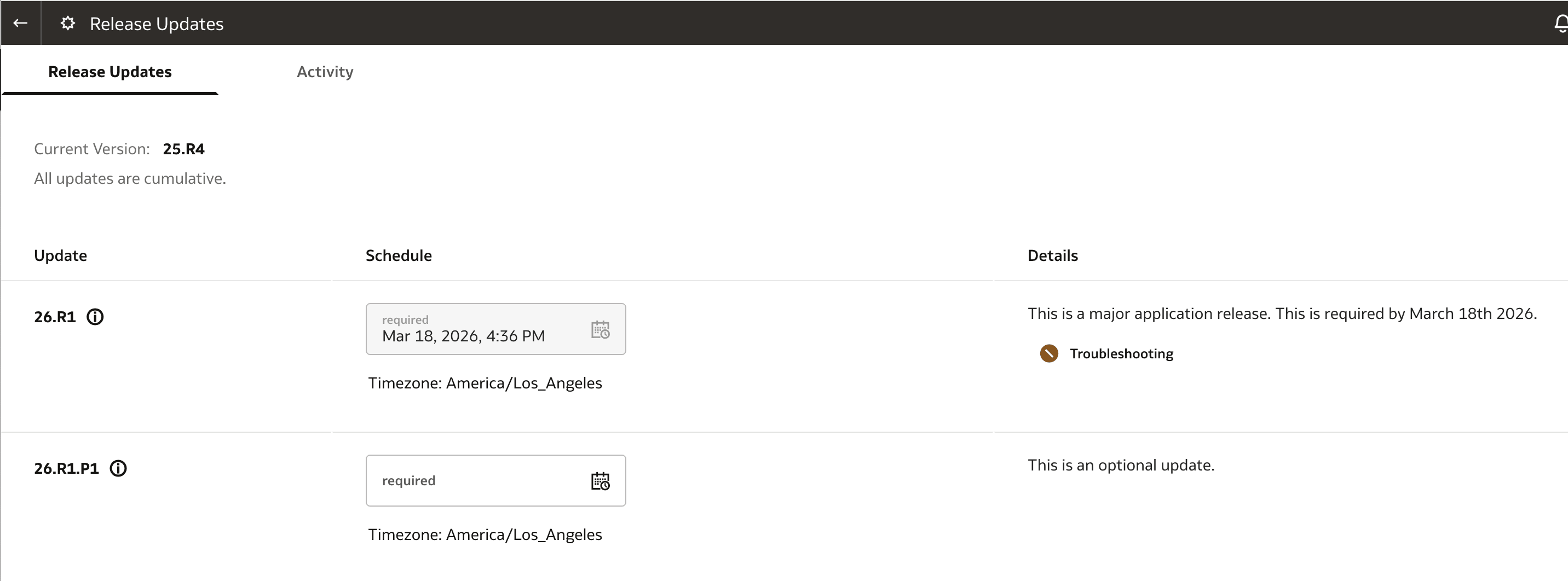 Troubleshooting icon on the Release Updates page