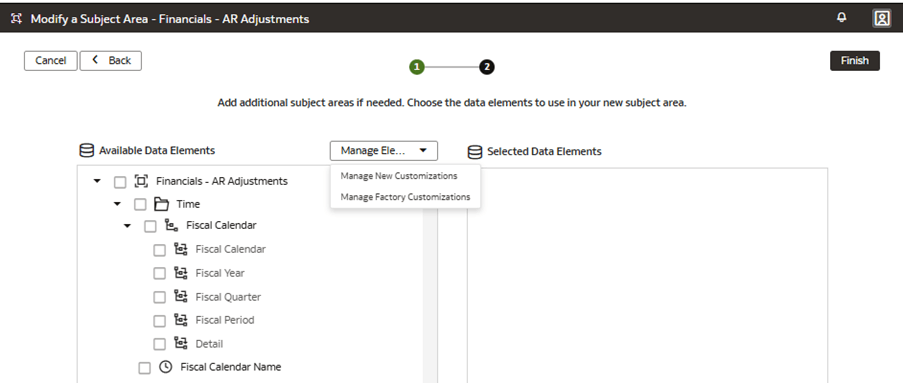 The step 2 of the wizard on the Modify a Subject Area – Financials – AR Adjustments page displaying the Manage Elements options