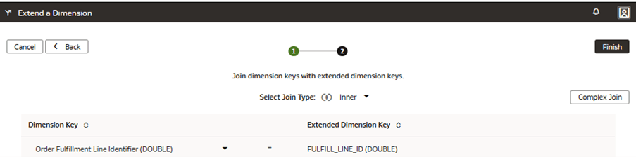 The step 2 of the wizard on the Extend a Dimension page displaying join type and keys to join on
