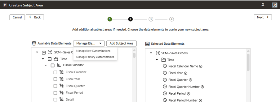 Step 2 of the wizard on the Create a Subject Area page displaying the Manage Elements list of values