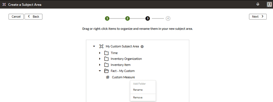 Step 3 of the wizard on the Create a Subject Area page displaying how the custom fact appears in the model