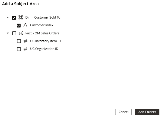 The Add a Subject Area dialog displaying the new custom derived column, Customer Index