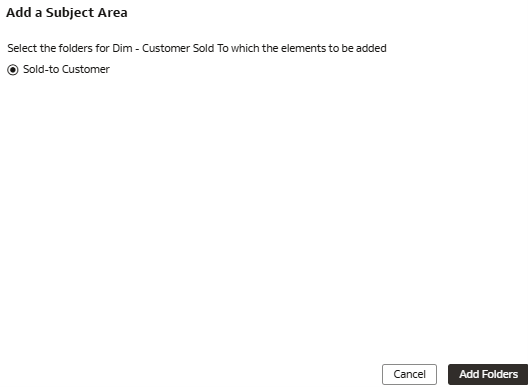The Add a Subject Area dialog displaying the Sold-to Customer folder