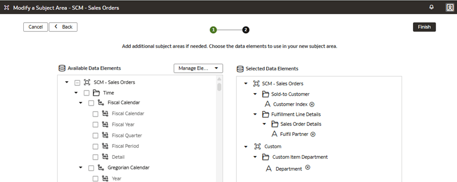 Step 2 of the wizard on the Modify a Subject Area - SCM -Sales Orders page displaying the selected data elements