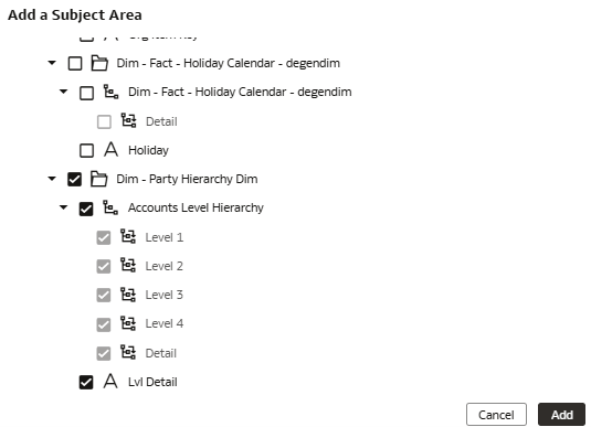 The Add a Subject Area dialog displaying the selected hierarchy and dimension elements