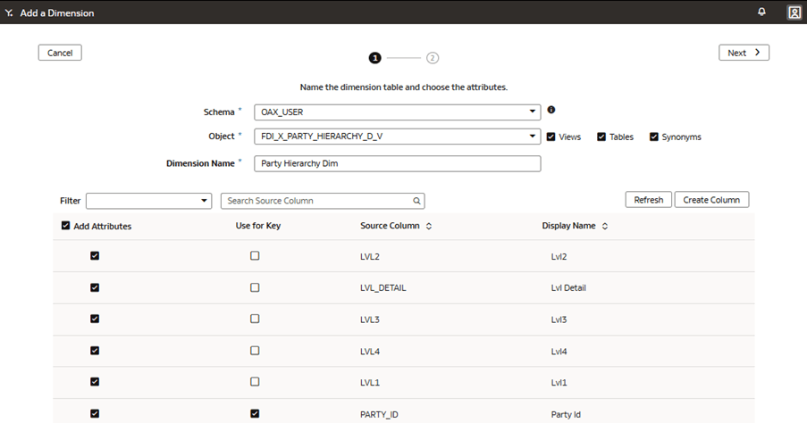 Step 1 of the wizard on the Add a Dimension page