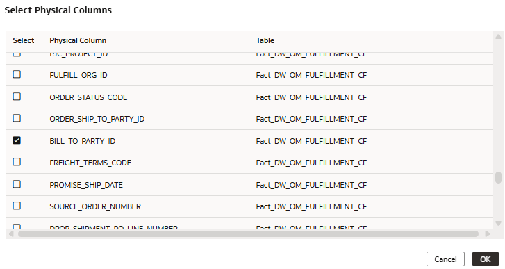 The Select Physical Columns page