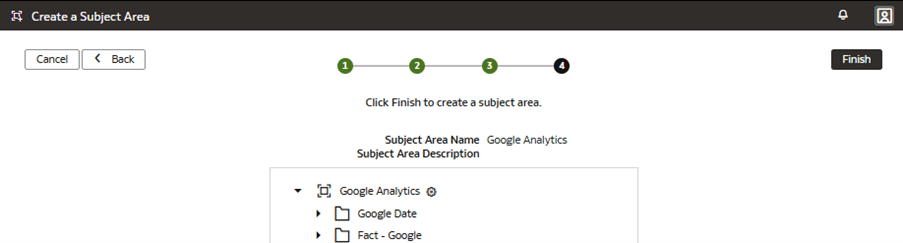 Step 4 of the wizard on the Create a Subject Area page displaying the Finish button