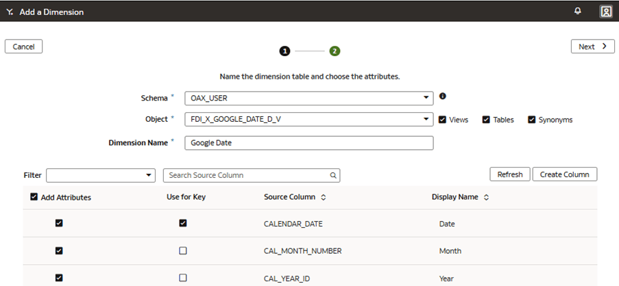 Step 1 of the wizard on the Add a Dimension page