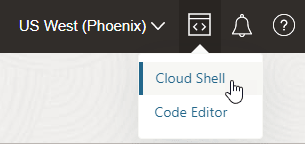This image shows the region selection dropdown list (Phoenix is selected), the Cloud Shell icon, and three other icons.