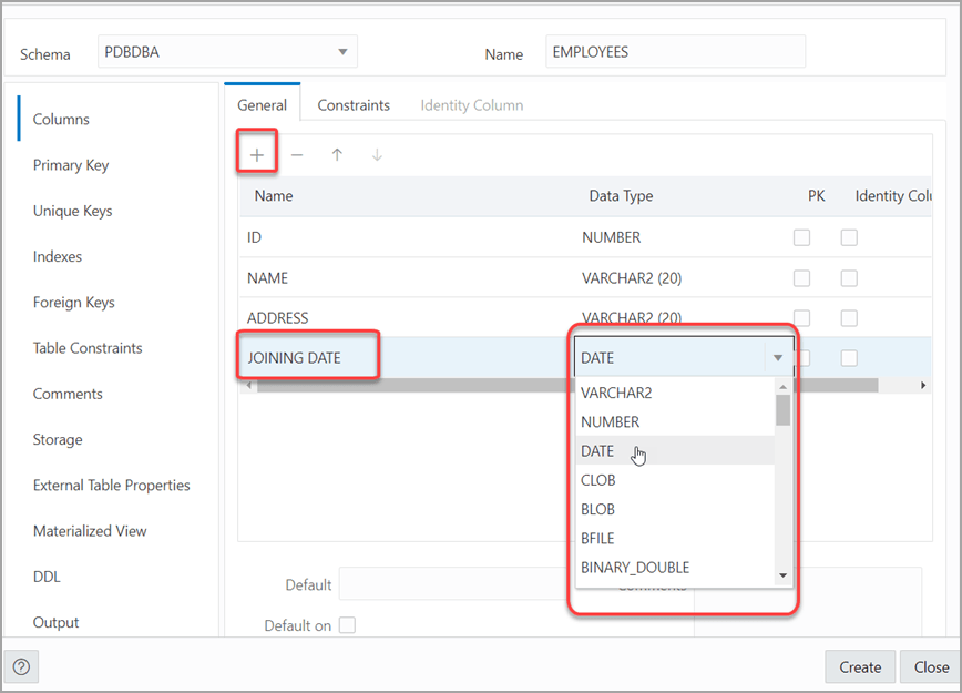This image shows the General tab in the Columns pane in the Table Properties panel.