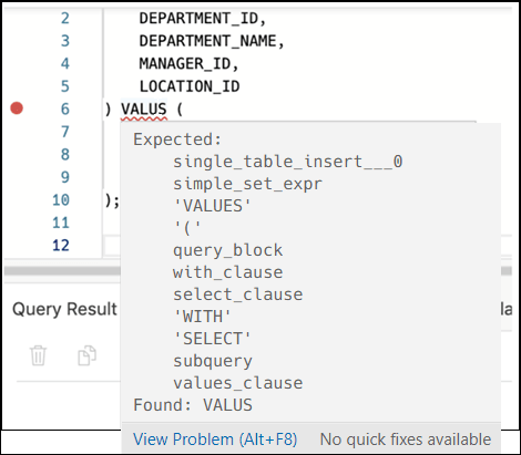 This image shows how an error in the code is identified along with a list of suggestions on how to resolve the error.