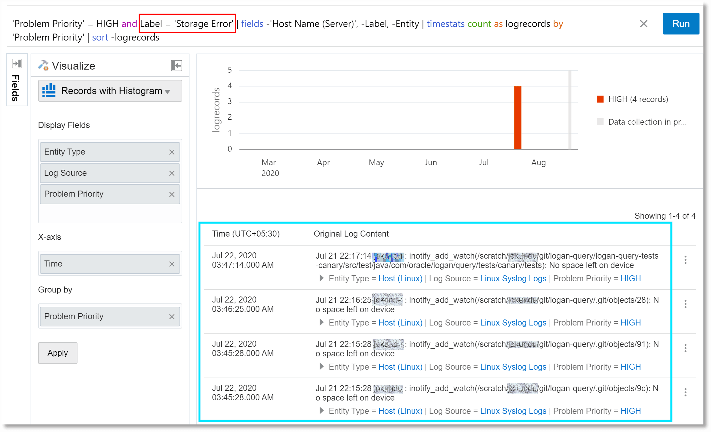 a field summary consisting of log records that have the specified label
