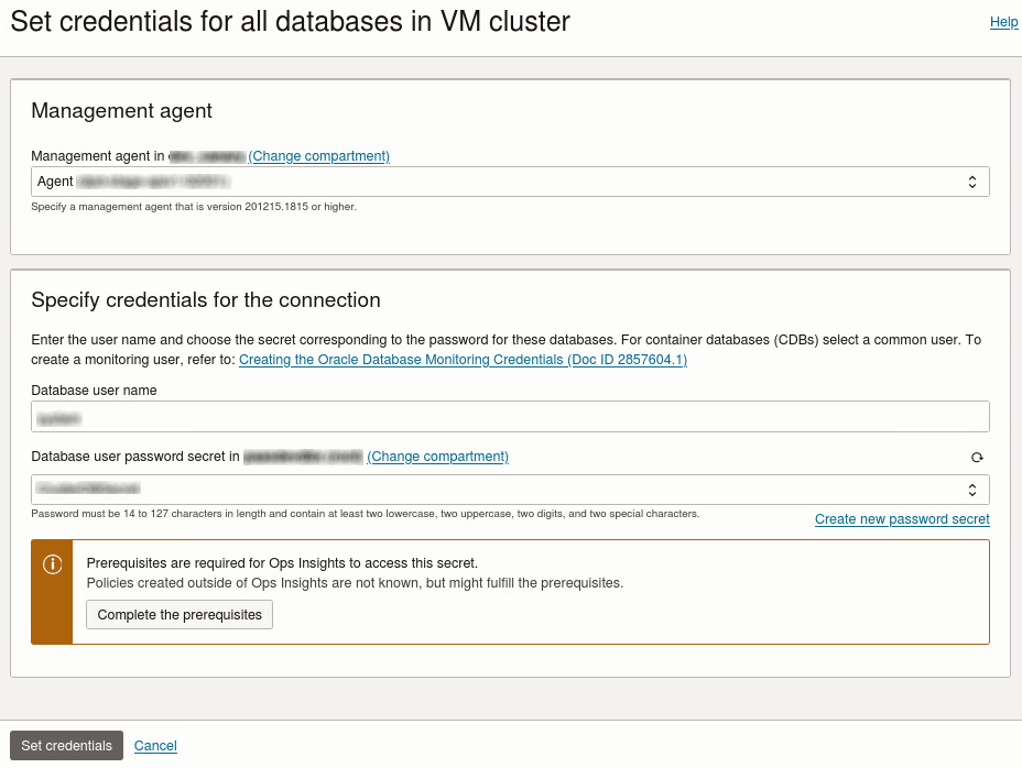 Set database credentials for an Exa-C@C system