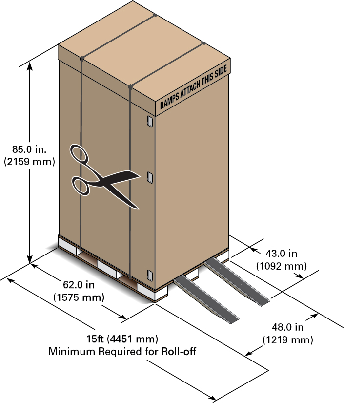 Figure showing an appliance rack in the shipping container with container dimensions and minimum space required for unpacking; 15ft min for roll-off, 85in tall, 62in deep, 48in wide.