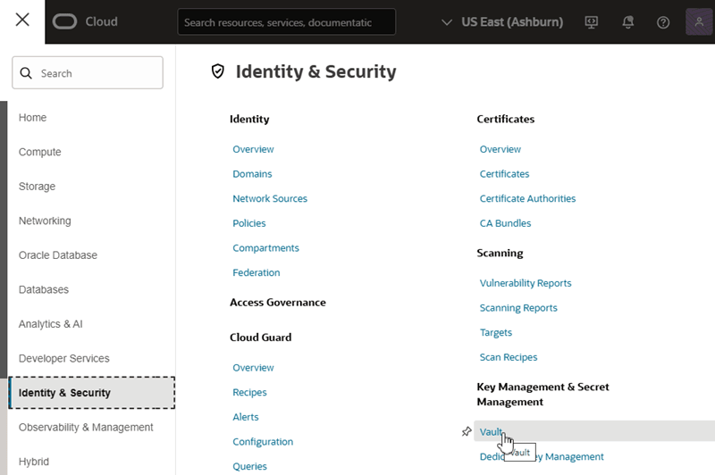 Description of vault-oci-console.png follows