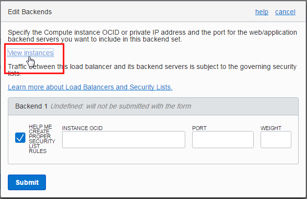 Click to expand Image highlighting the View Instances link in the Edit Backends dialog