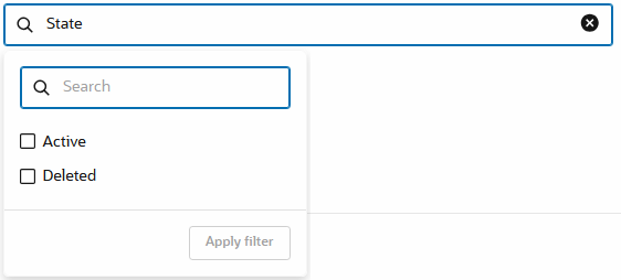 Click to expand Screenshot of search box with State filter selected and showing value options Active and Deleted