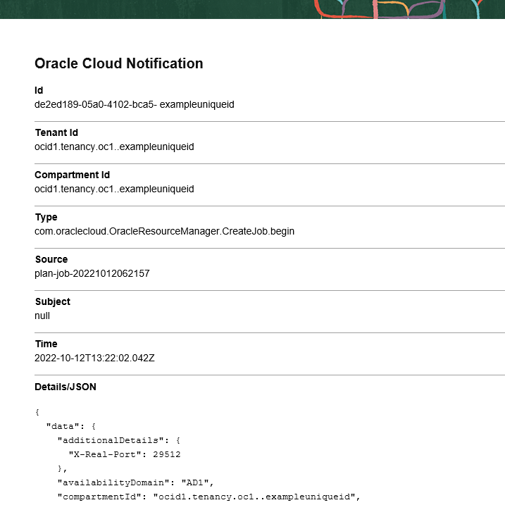 Click to expand This image shows an example message sent by a connector to an Email subscription (through the topic specified for the connector's Notifications target).