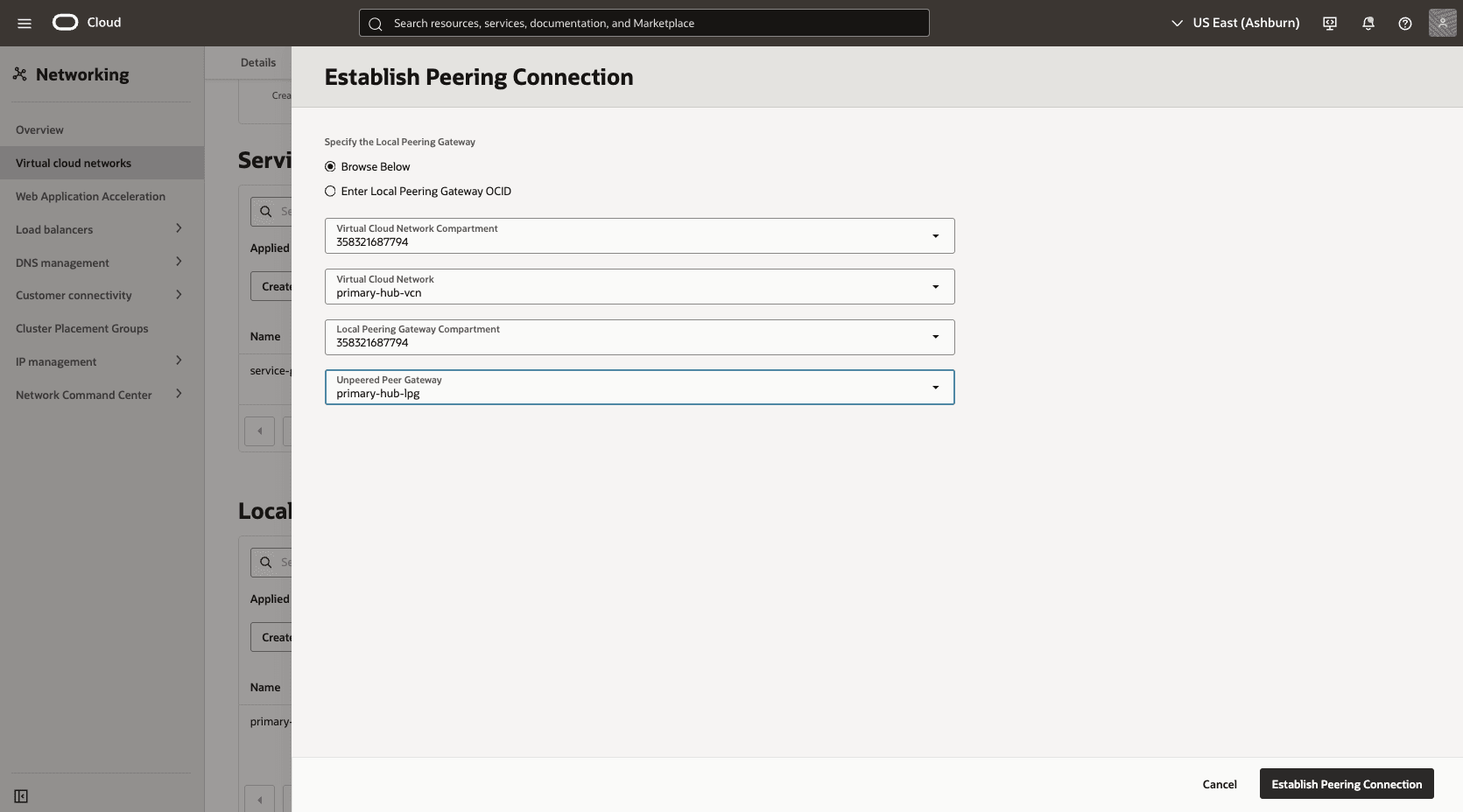 This screenshot shows how to configure the network in the primary region. This screenshot shows how to configure the network in the primary region.