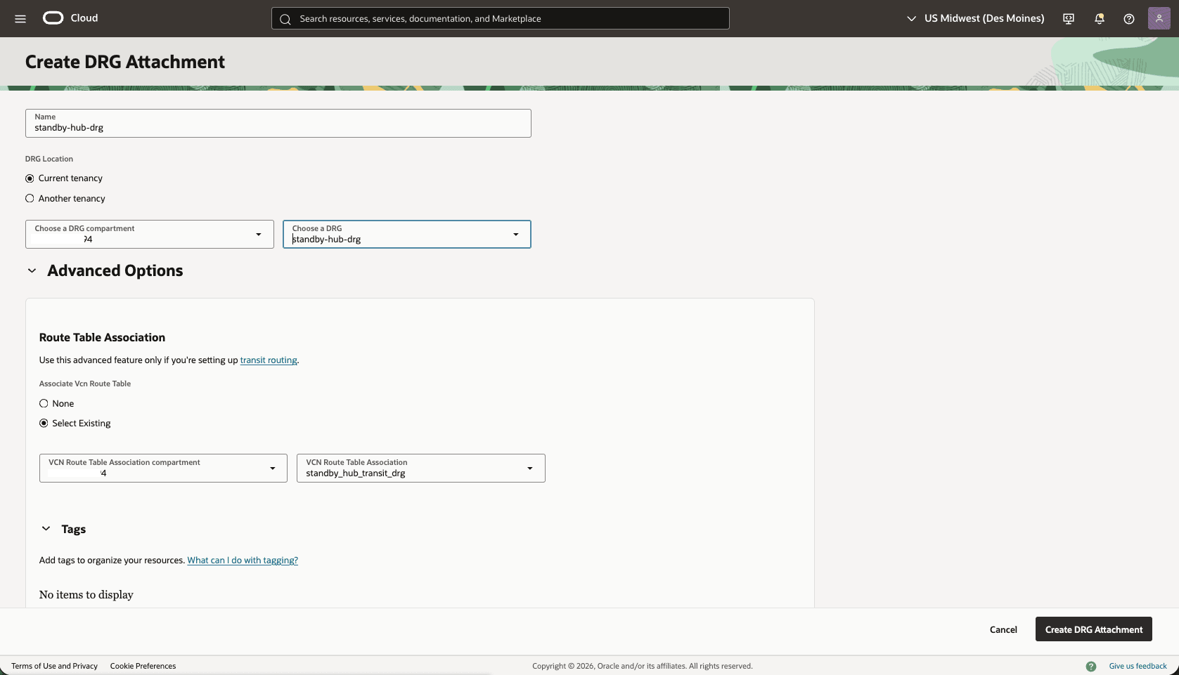 This screenshot shows how to configure the network in the standby region. This screenshot shows how to configure the network in the standby region.