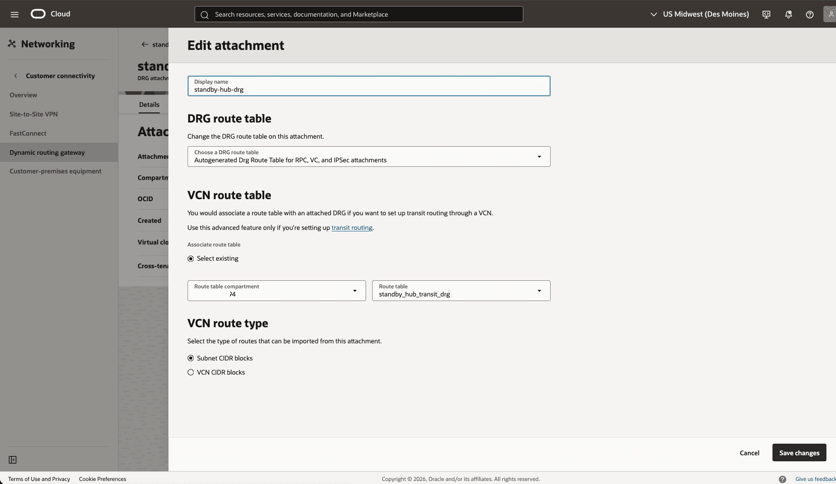 This screenshot shows how to configure the network in the standby region. This screenshot shows how to configure the network in the standby region.