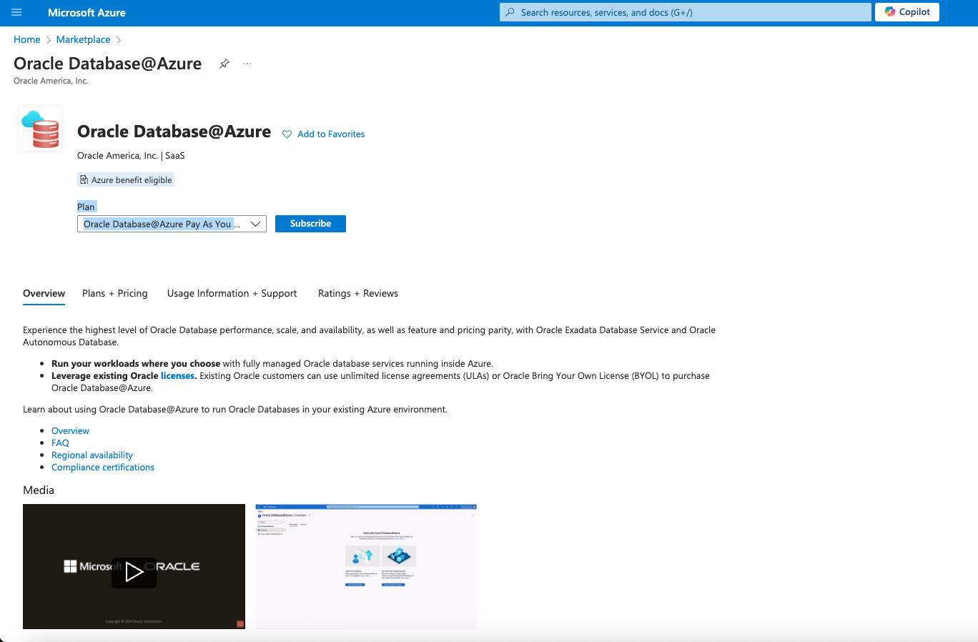 Click to expand An image of the Azure portal showing the Oracle AI Database@Azure product page.