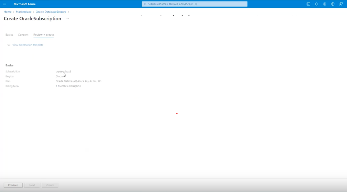 Click to expand An image of the Azure portal showing the loading of offer details on the Review + create tab.