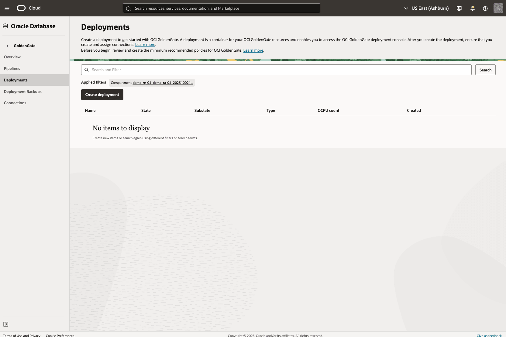 This screenshot shows how to create GoldenGate deployment. This screenshot shows how to create GoldenGate deployment.