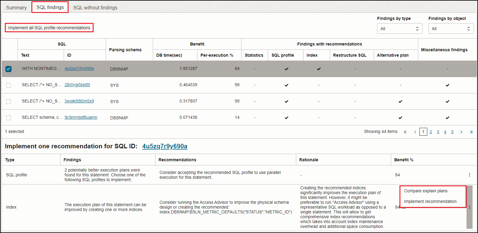 SQL Findings tab SQL Findings tab